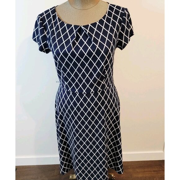Womens Connected Apparel Sz 12 Sheath Dress Navy White Geometric Stripes Print - Picture 1 of 8
